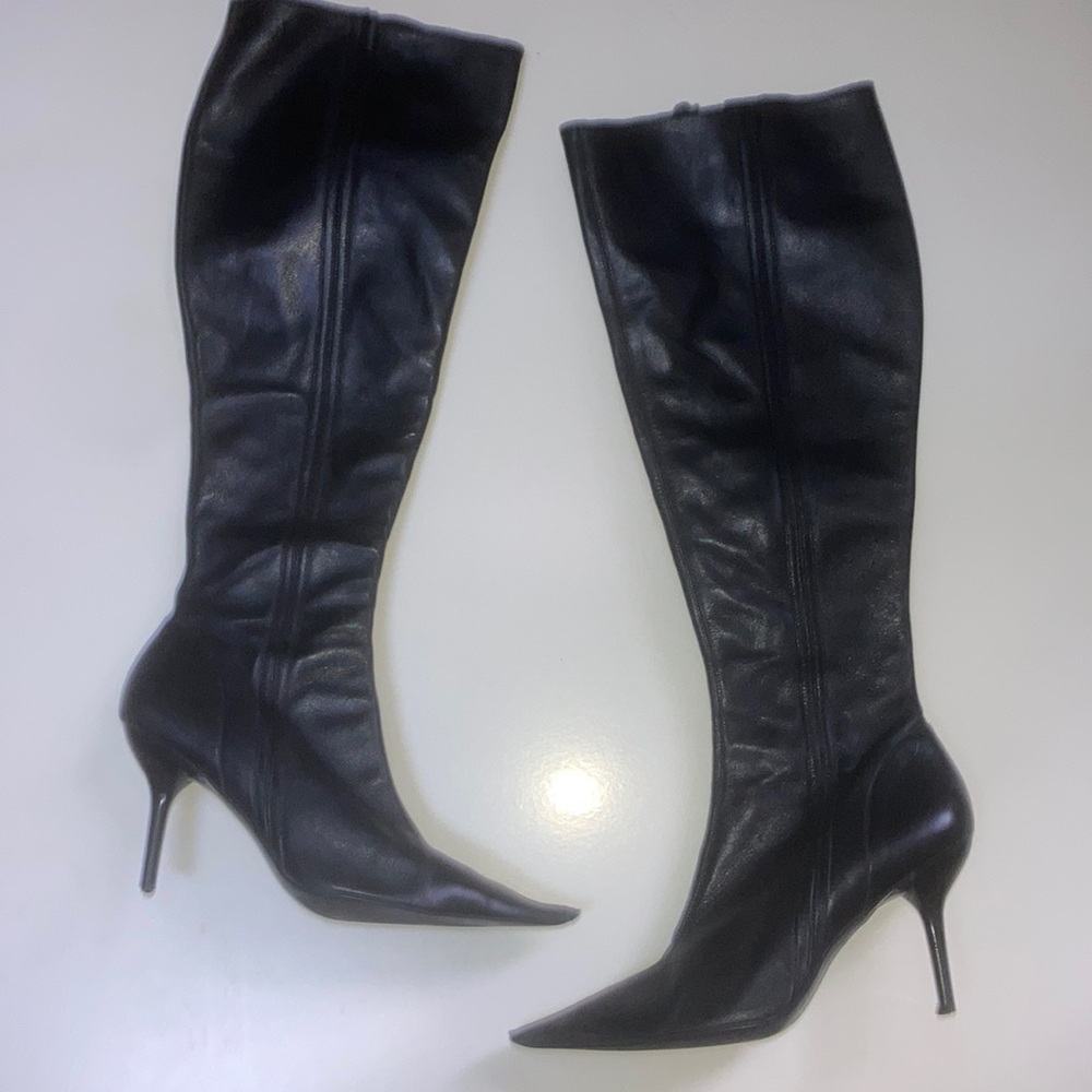 BCBGirls Black Leather Pointy Toe Heeled Boots